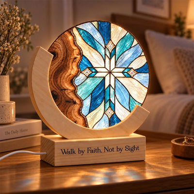 Personalized Stained Glass Cross Night Light, Blue – Engraved Wood Christian Lamp