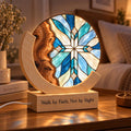 Personalized Stained Glass Cross Night Light, Blue – Engraved Wood Christian Lamp