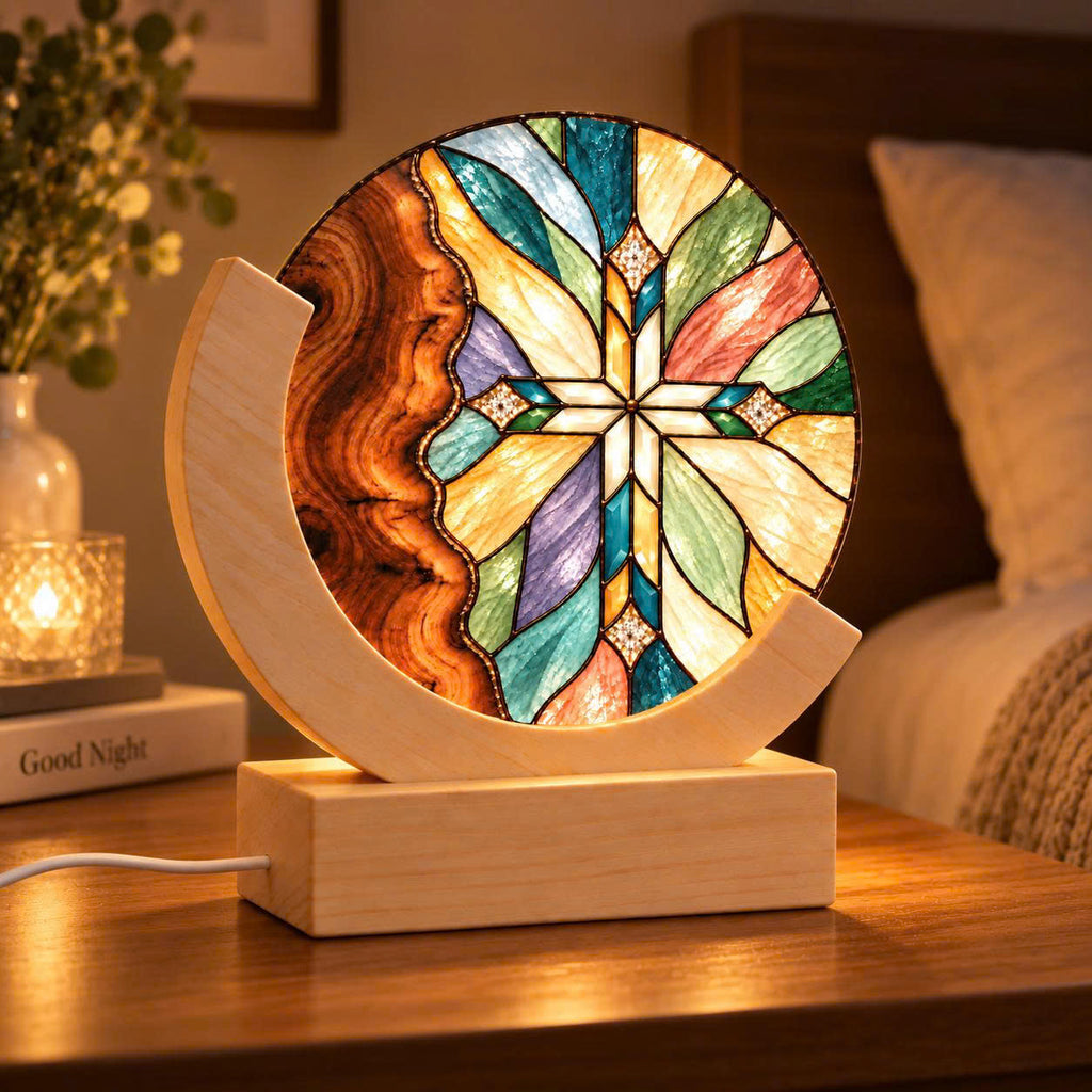 Personalized Stained Glass Cross Night Light, Multicolor – Engraved Wood Lamp