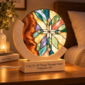 Personalized Stained Glass Cross Night Light, Multicolor – Engraved Wood Lamp