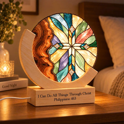 Personalized Stained Glass Cross Night Light, Multicolor – Engraved Wood Lamp