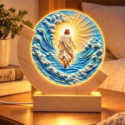 Personalized Jesus Walking on Water Night Light, Engraved Wood Christian Lamp