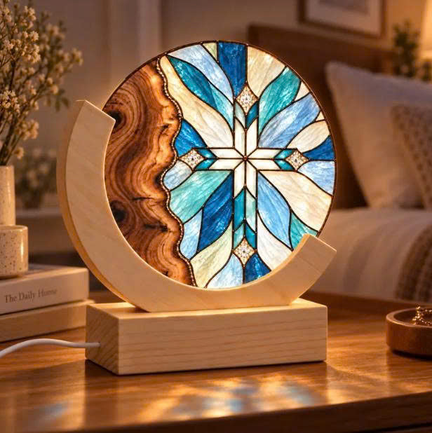 Personalized Stained Glass Cross Night Light, Blue – Engraved Wood Christian Lamp