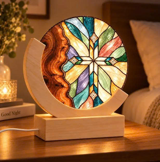 Personalized Stained Glass Cross Night Light, Multicolor – Engraved Wood Lamp