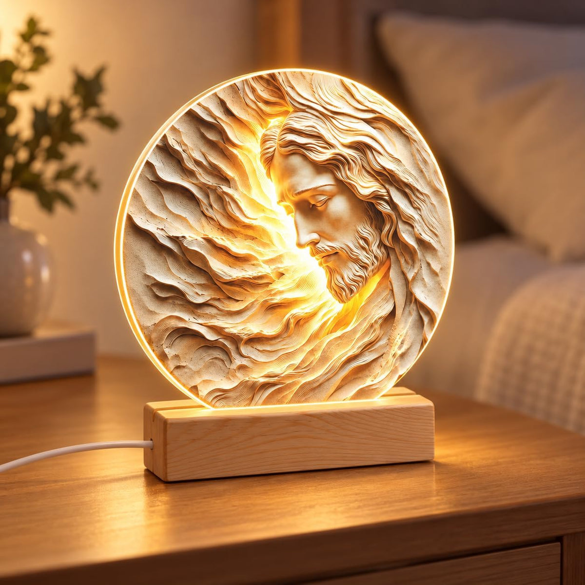 Jesus LED night light with wooden base